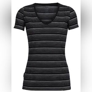 Icebreaker Tech Lite Short Sleeve V Neck, Black/Snow Stripe, S, EUC